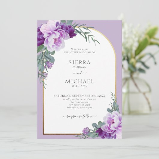 Elegant Paars Floral Foliage Gold Arch Weddenschap Kaart