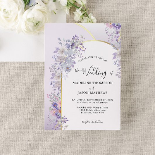 Elegant Paars Floral Foliage Gold Arch Weddenschap Kaart