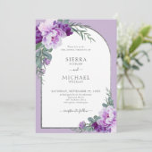 Elegant Paars Floral Foliage Silver Arch Wedding Kaart (Staand voorkant)