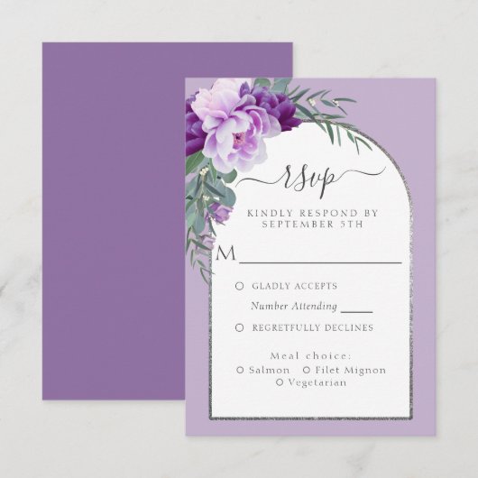 Elegant Paars Floral Foliage Silver Arch Wedding RSVP Kaartje (Voorkant / Achterkant)