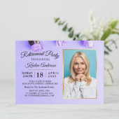 Elegant Paars Floral Foto Retirement Party Kaart (Staand voorkant)