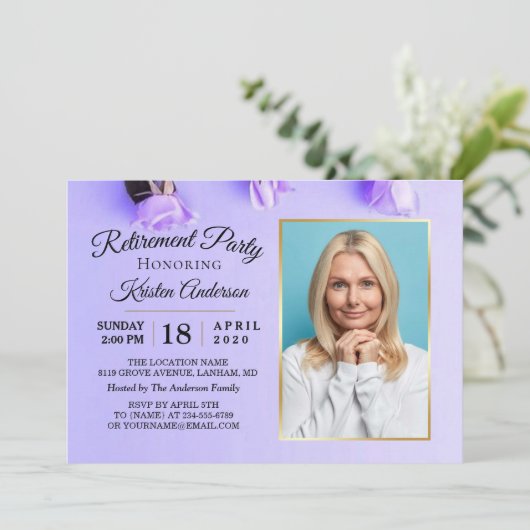 Elegant Paars Floral Foto Retirement Party Kaart (Staand voorkant)