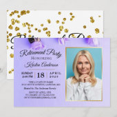 Elegant Paars Floral Foto Retirement Party Kaart (Voorkant / Achterkant)