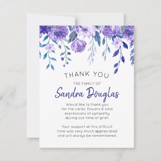 Elegant Paars Floral Funeral Memorial Dank u Bedankkaart (Voorkant)