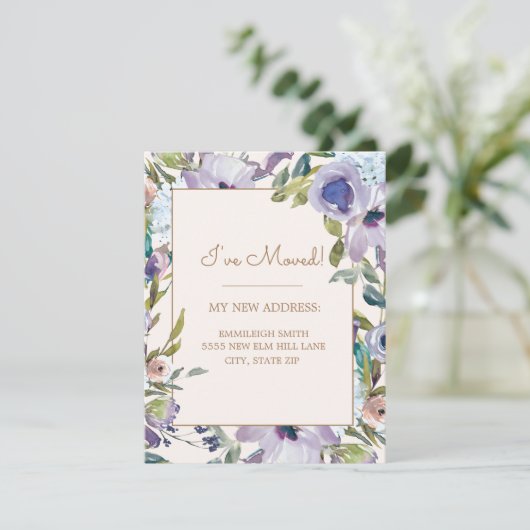 Elegant Paars Floral Greenery Change Address Kaart (Staand voorkant)