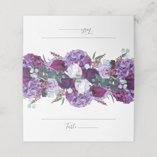 Elegant Paars Floral Greenery Wedding Script Plaatskaartje (Buitenkant ongevouwen)