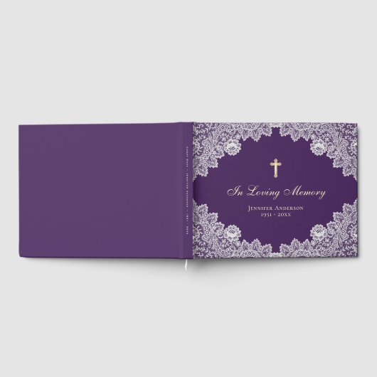 Elegant Paars Floral Lace Funeral Photo Gastenboek (Volledig)
