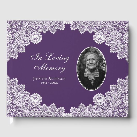 Elegant  Paars Floral Lace Funeral Photo Gastenboek (Voorkant)