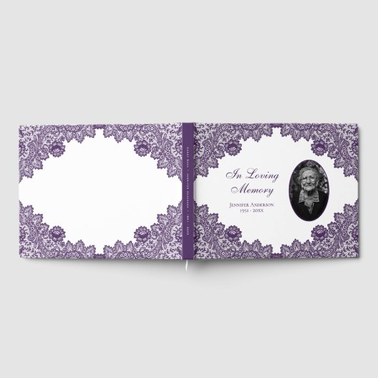 Elegant  Paars Floral Lace Funeral Photo Gastenboek (Volledig)