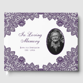 Elegant  Paars Floral Lace Funeral Photo Gastenboek