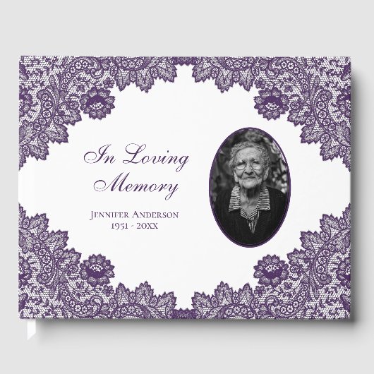 Elegant Paars Floral Lace Funeral Photo Gastenboek (Voorkant)