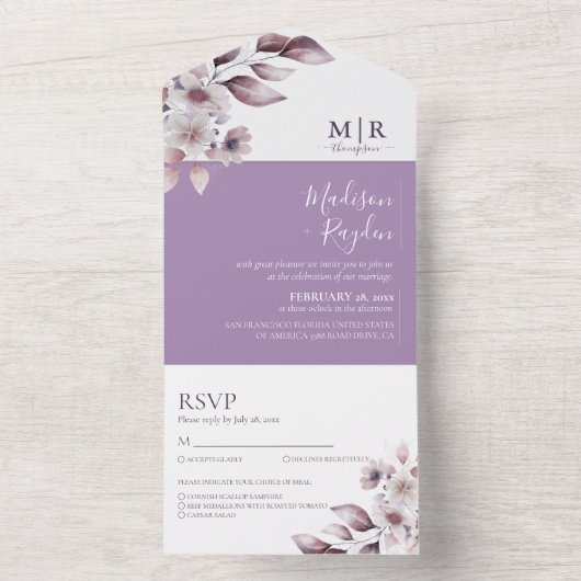 Elegant Paars Floral Lavender Wedding All In One Uitnodiging (Binnen)