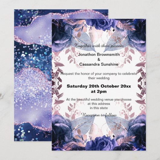 ELEGANT PAARS FLORAL NAVY WEDING KAART (Voorkant / Achterkant)