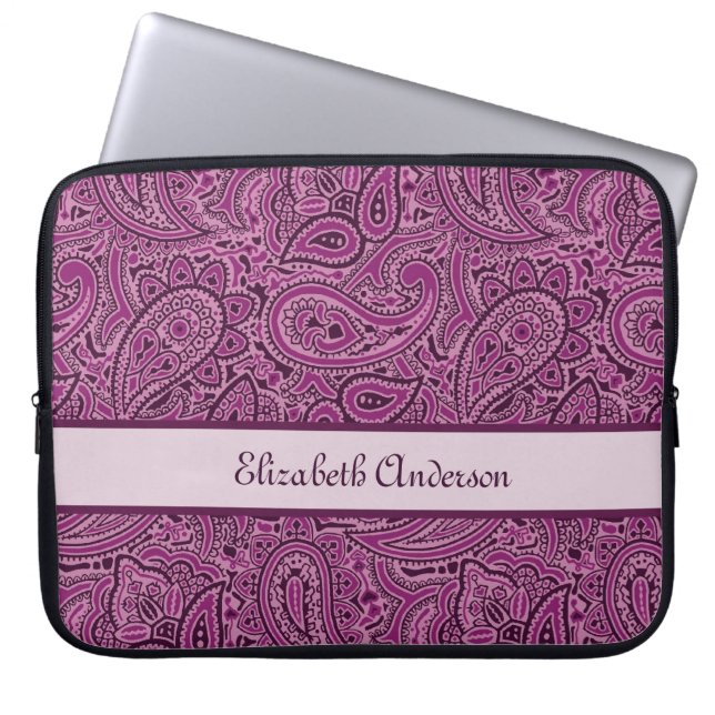 Elegant Paars Floral Paisley Pattern met naam Laptop Sleeve (Voorkant)