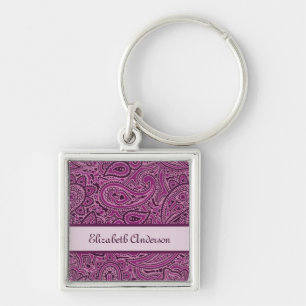 Elegant Paars Floral Paisley Pattern met naam Sleutelhanger