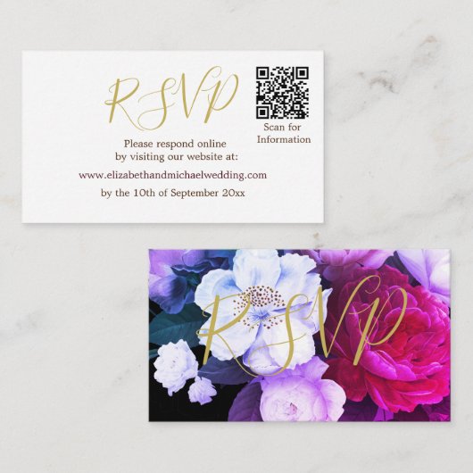 Elegant Paars Floral QR Code Black RSVP Informatiekaartje (Voorkant / Achterkant)