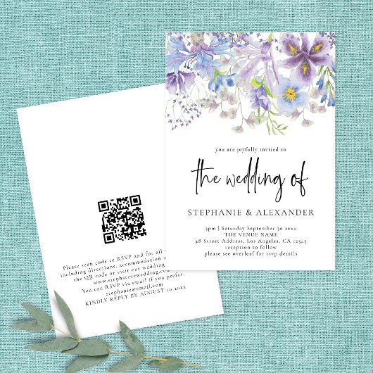 Elegant Paars Floral QR Code Weddenschap Kaart