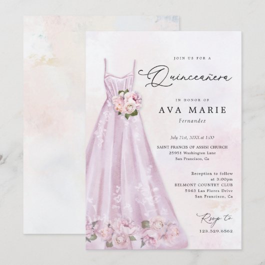 Elegant Paars Floral Quinceañera Birthday Kaart (Voorkant / Achterkant)