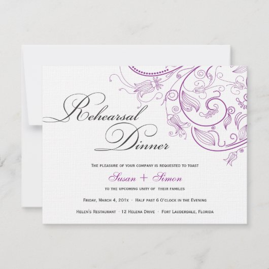 Elegant Paars Floral Rehearsal Dinner Invitation Kaart (Voorkant)