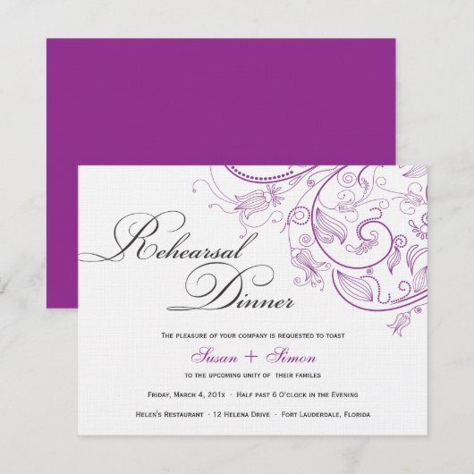 Elegant Paars Floral Rehearsal Dinner Invitation Kaart (Voorkant / Achterkant)