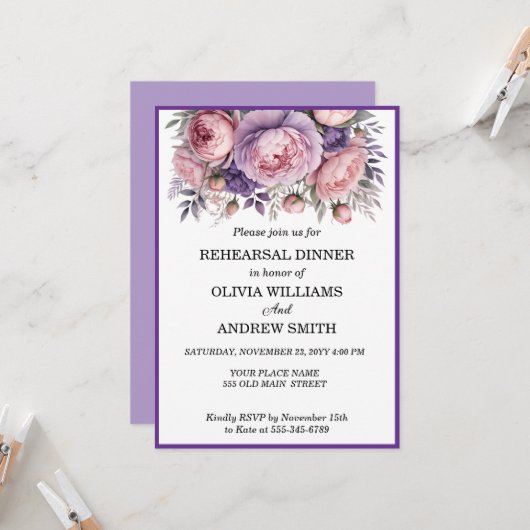 Elegant Paars Floral Rehearsal Dinner Invitation Kaart (Voorkant / Achterkant in situ)