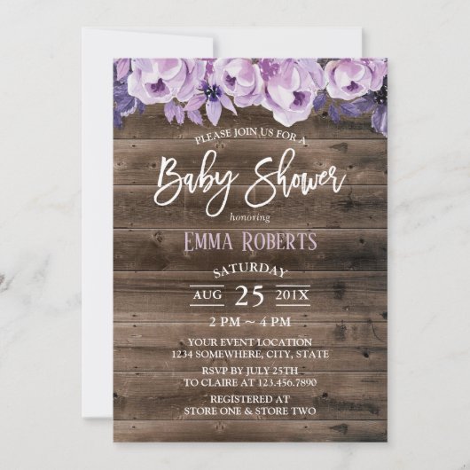 Elegant Paars Floral Rustic Barn Baby shower Kaart (Voorkant)