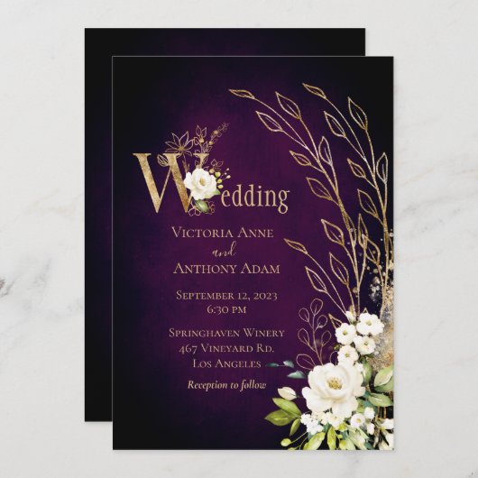Elegant Paars Floral Rustic Script Wedding Kaart (Voorkant / Achterkant)