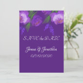 Elegant Paars Floral Script Weddenschap Save The Date (Staand voorkant)