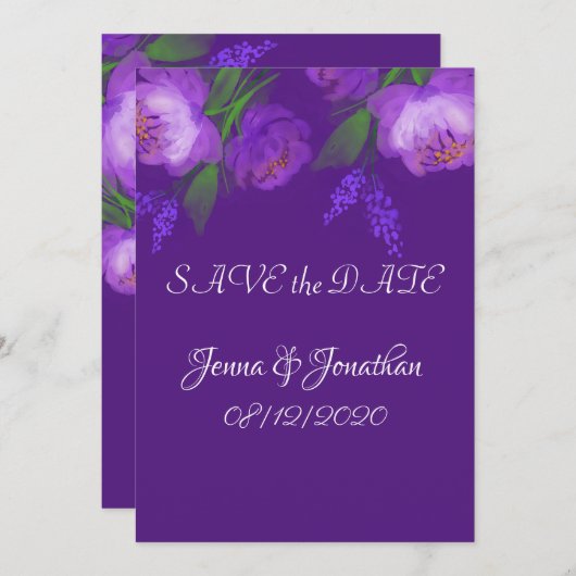 Elegant Paars Floral Script Weddenschap Save The Date (Voorkant / Achterkant)