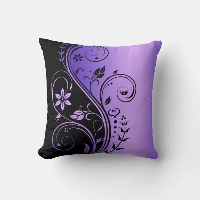 Elegant Paars Floral Scroll Black Pillow Kussen (Voorkant)