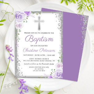 Elegant Paars Floral Silver Glitter Girl Baptisme Kaart