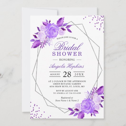 Elegant Paars Floral Silver Lijst Vrijgezellenfees Kaart (Voorkant)