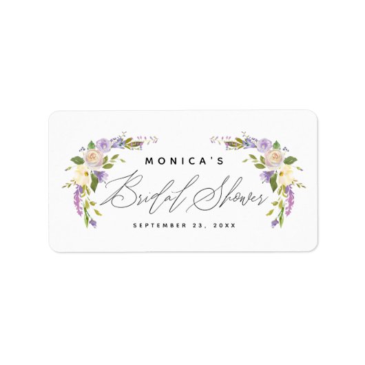 Elegant Paars Floral Vrijgezellenfeest Script Etiket (Voorkant)