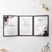 Elegant Paars Floral Waterverf Voelt bruiloft uit Drieluik Uitnodiging (Binnen)