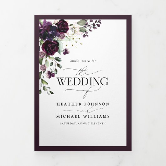 Elegant Paars Floral Waterverf Voelt bruiloft uit Drieluik Uitnodiging (Cover)