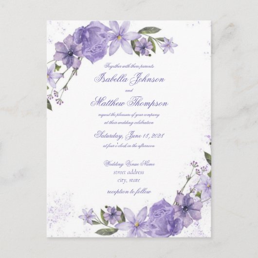 Elegant Paars Floral Wedding Invitation Briefkaart (Voorkant)