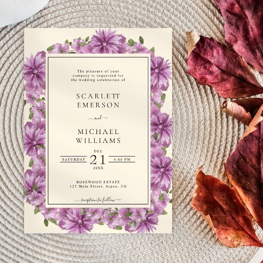 Elegant Paars Floral Wedding Invitation Kaart