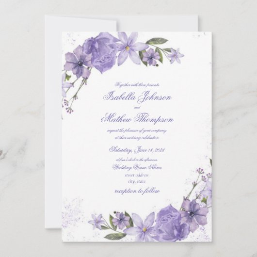 Elegant Paars Floral Wedding Invitation Kaart (Voorkant)
