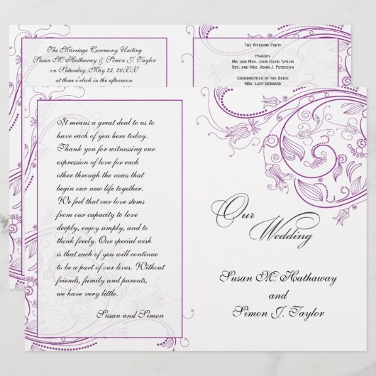 Elegant Paars Floral Wedding Programme (Voorkant / Achterkant)