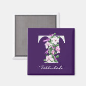 Elegant Paars Floral White Metallic T Monogram Magneet (Voorkant / Achterkant)