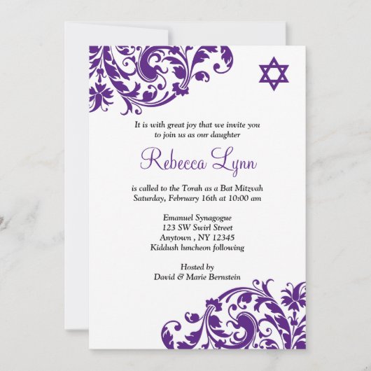 Elegant Paars Flourish Bat Mitzvah Kaart (Voorkant)