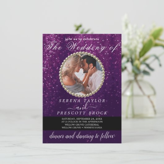 Elegant Paars Fotokalligrafie Weddenschap Kaart (Staand voorkant)