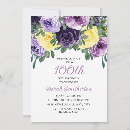 Elegant Paars Geel Floral 100e verjaardag Kaart (Voorkant)