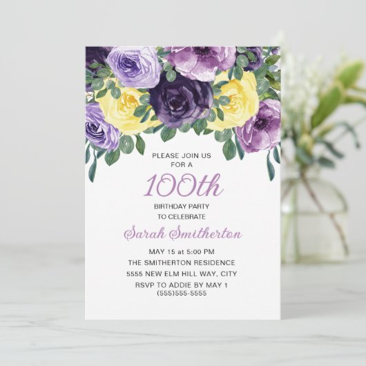 Elegant Paars Geel Floral 100e verjaardag Kaart (Staand voorkant)