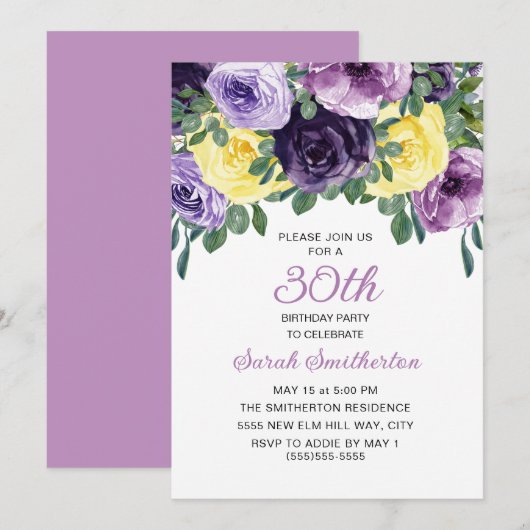 Elegant Paars Geel Floral 30e verjaardag Kaart (Voorkant / Achterkant)