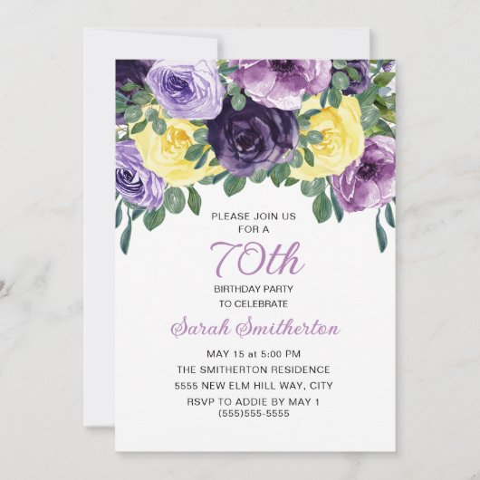 Elegant Paars Geel Floral 70e verjaardag Kaart (Voorkant)