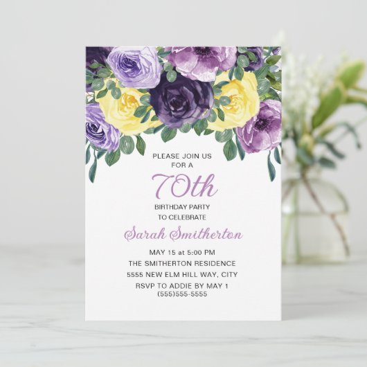 Elegant Paars Geel Floral 70e verjaardag Kaart (Staand voorkant)