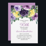 Elegant Paars geel Floral 90th Birthday Kaart<br><div class="desc">Elegant botanische 90e verjaardag partijuitnodiging voor vrouwen met  paarse en gele waterverf bloemen en groen. Aangepast met je eigen tekst.</div>