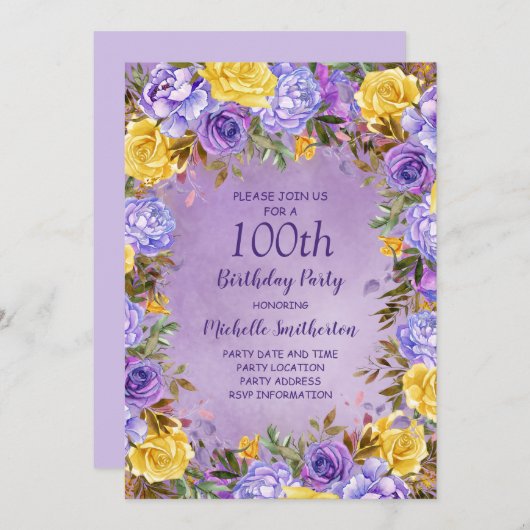 Elegant Paars Geel Roses Peonies 100e verjaardag Kaart (Voorkant / Achterkant)