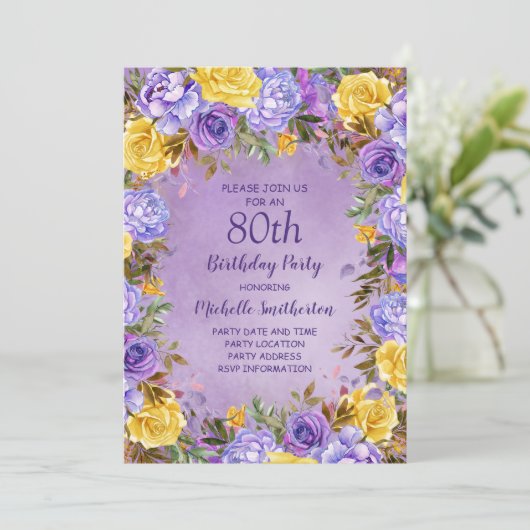 Elegant Paars Geel Roses Peonies 80th Birthday Kaart (Staand voorkant)